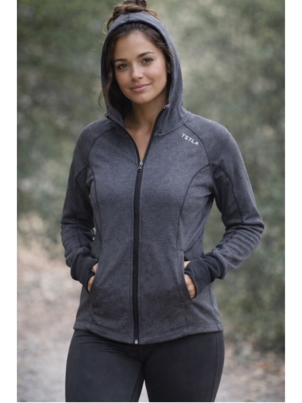TSLA Womens Jacket Large Gray Hooded Full Zip Athletic Stretch Activewear